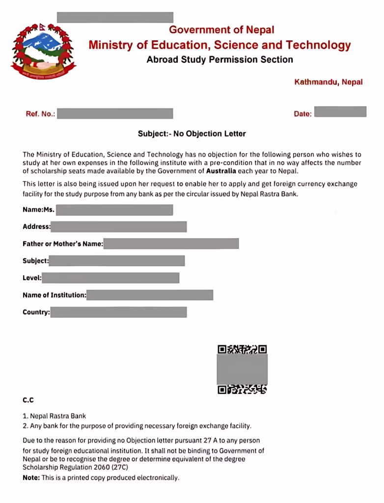 NOC (No objection Certificate)